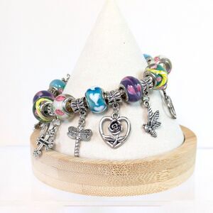 Murano Style Glass Bead Charm Slide Bracelet 6.5"-8.5" Cross Heart Dragonfly